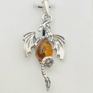 Silver Dragon Pendant with Amber Stone